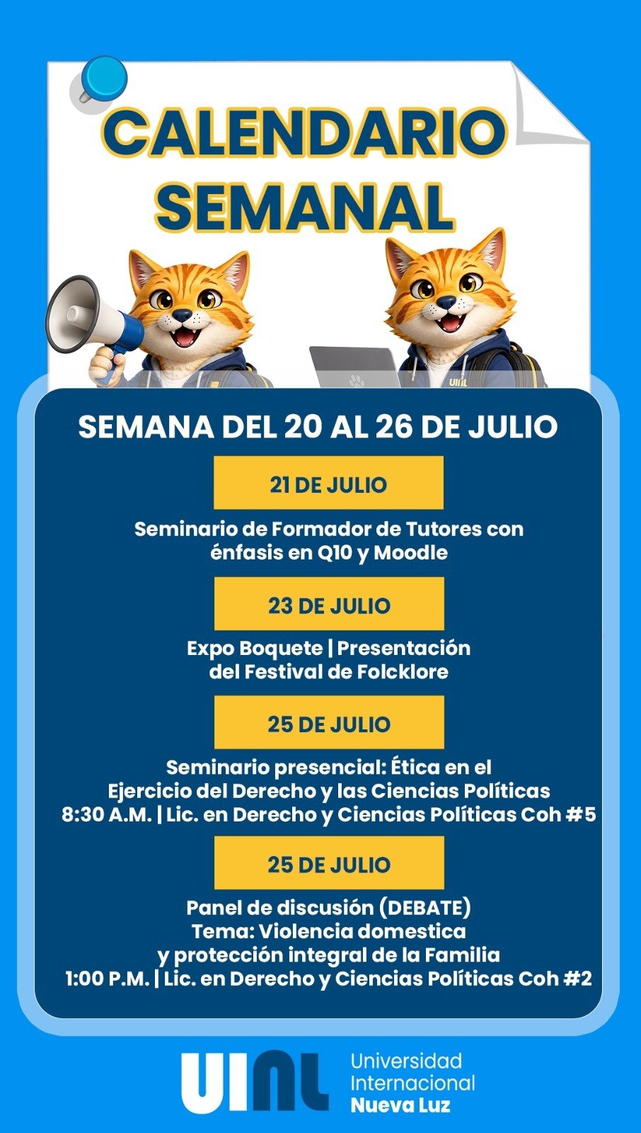 Calendario semanal UINL del 20 al 26