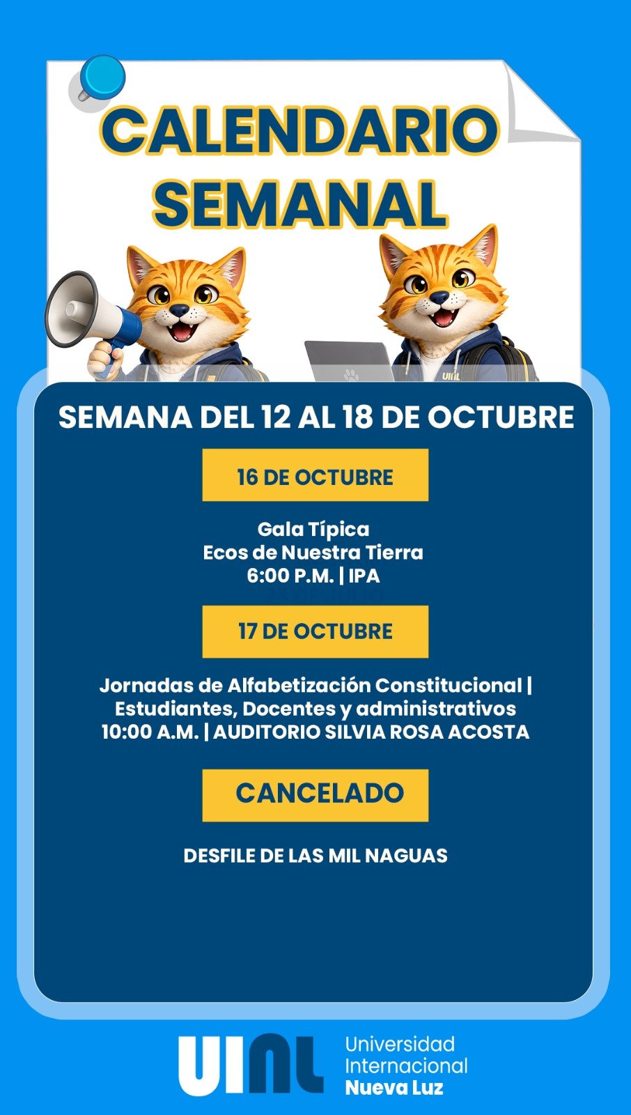 Calendario semanal UINL del 20 al 26